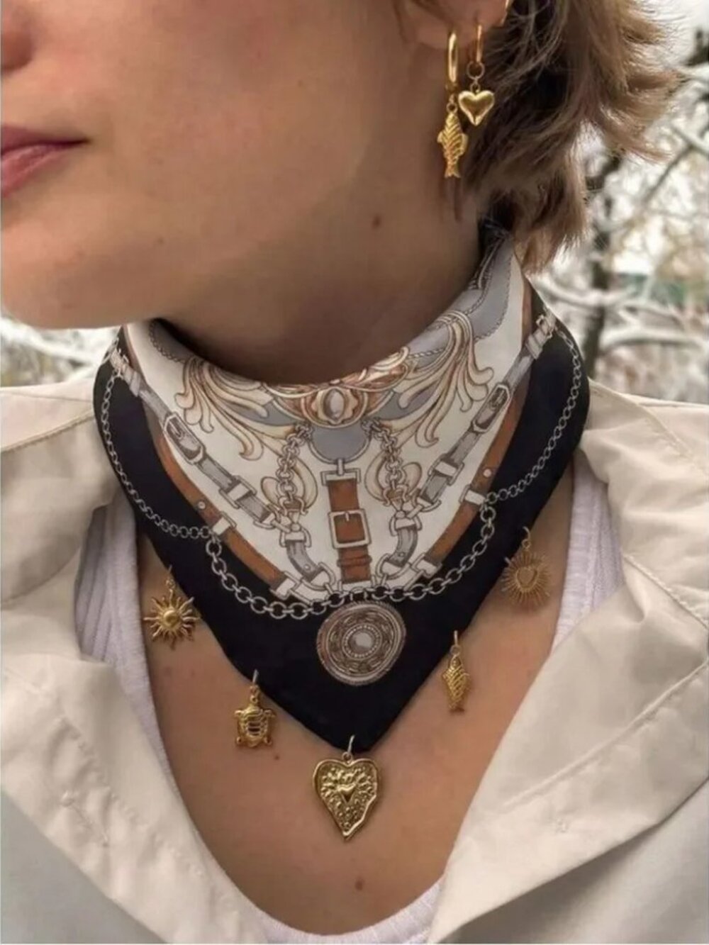 Gold Charm Necklace and Earrings Set with Black & Cream Scarf R 486